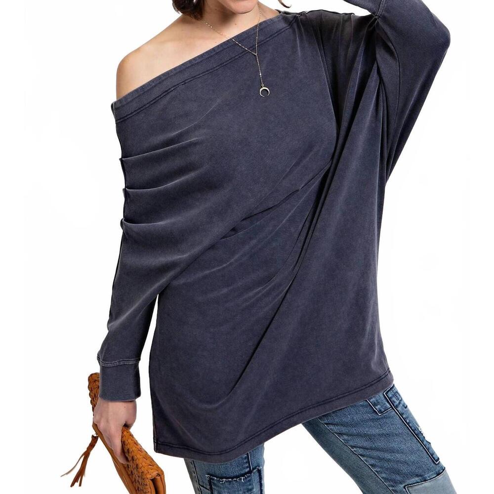 NEW LITTLE SECRET OF MINE asymmetric oversized off-shoulder tunic in navy